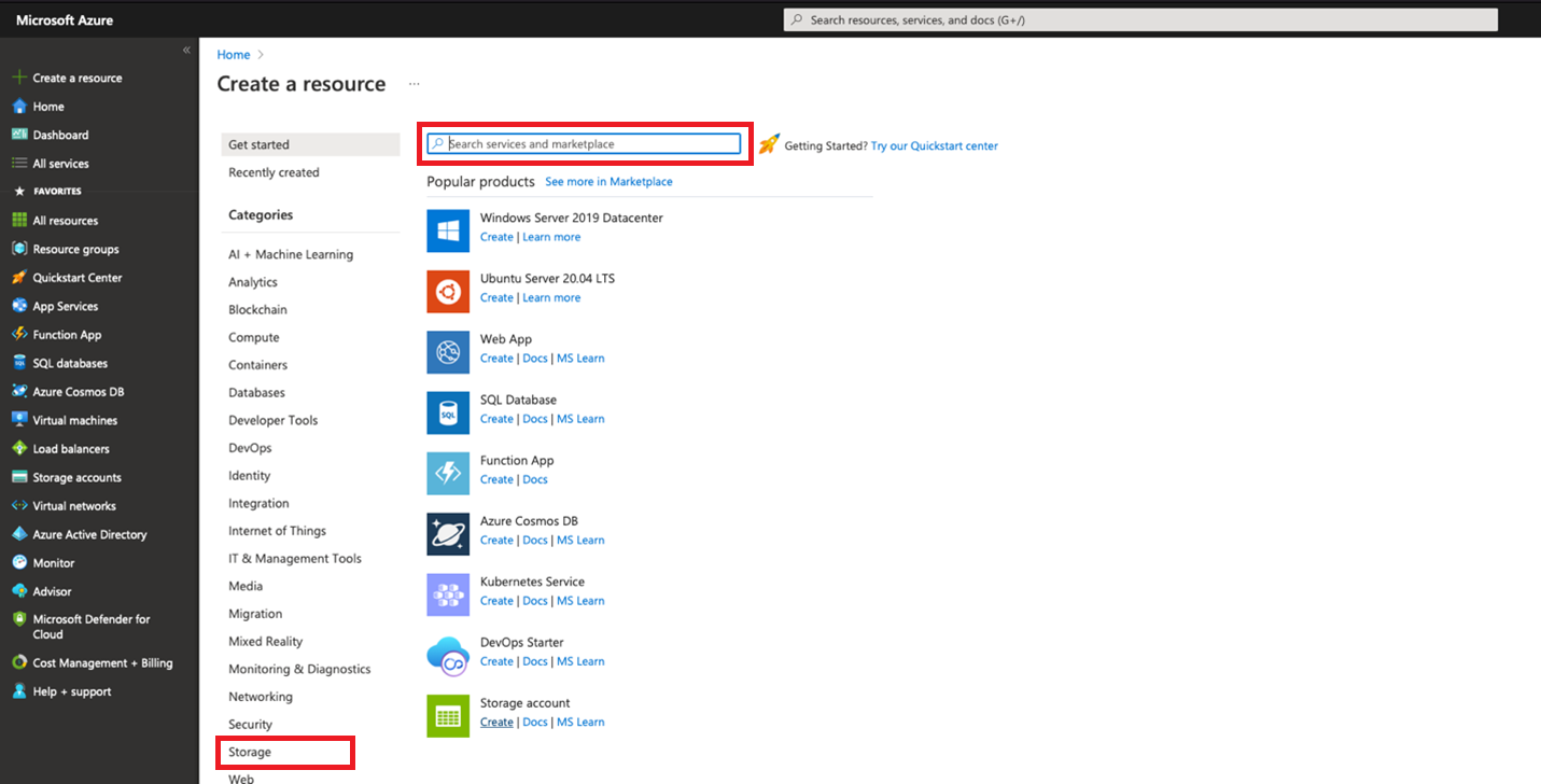 действия по созданию учетной записи хранения Azure.