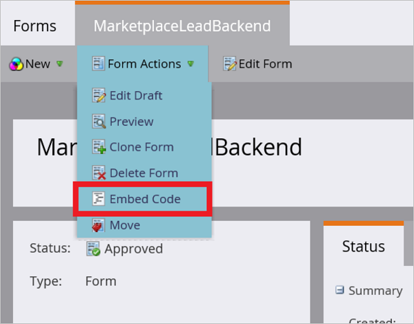 снимок экрана, на котором показан экран Marketo Embed Code.