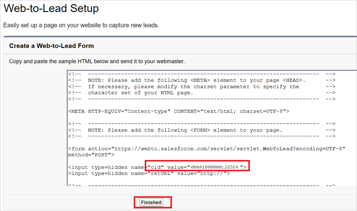 Создайте веб-форму для лидов Salesforce, отображающую значение HTML oid.