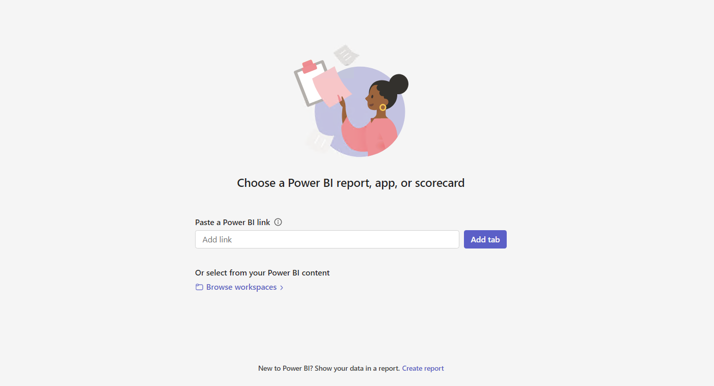 Снимок экрана: экран конфигурации новой добавленной вкладки Power BI для Microsoft Teams.