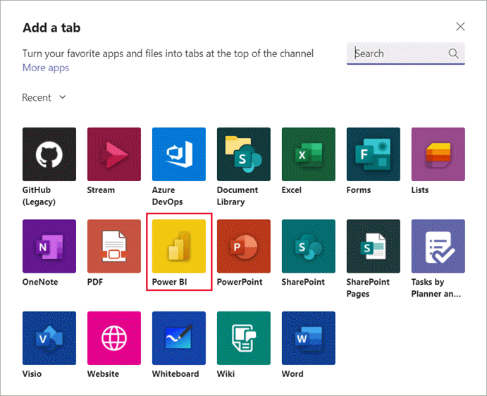 Снимок экрана: список вкладок Microsoft Teams с Power BI.