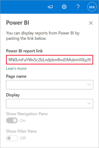 Снимок экрана: свойства новой веб-части SharePoint с выделенной ссылкой отчета Power BI.