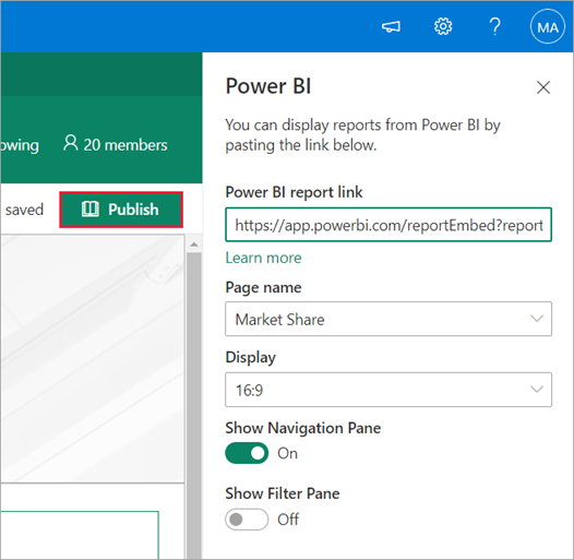 Снимок экрана: ссылка на отчет Power BI с выбранным параметром 
