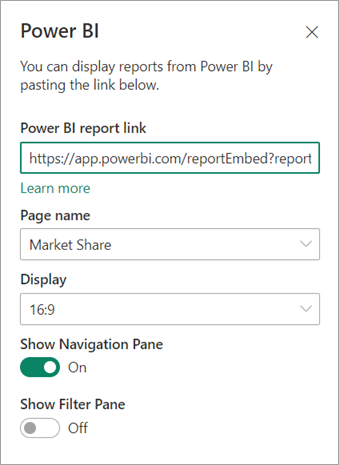 Снимок экрана: диалоговое окно свойств новой веб-части SharePoint с выделенной ссылкой отчета Power BI.