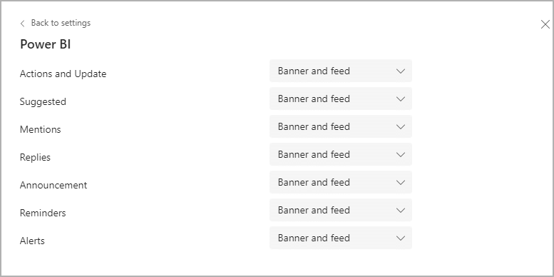 Снимок экрана: настройка уведомлений Power BI в параметрах Microsoft Teams.