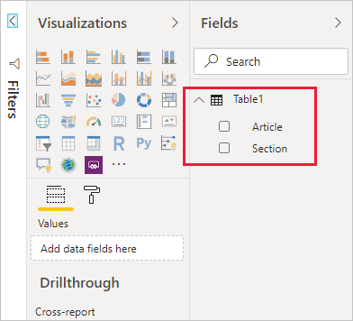 снимок экрана: таблица, созданная с двумя полями, загруженными в Power BI Desktop.