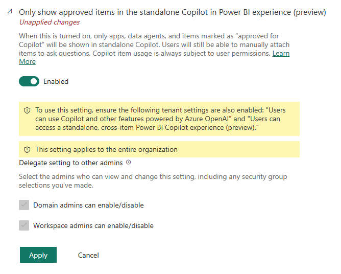 Снимок экрана настройки клиента для ограничения автономного Power BI Copilot элементами, утвержденными для Copilot.