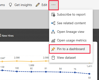 Снимок экрана показывает страницу отчета Power BI с выделенным параметром «Закрепить на панели мониторинга».