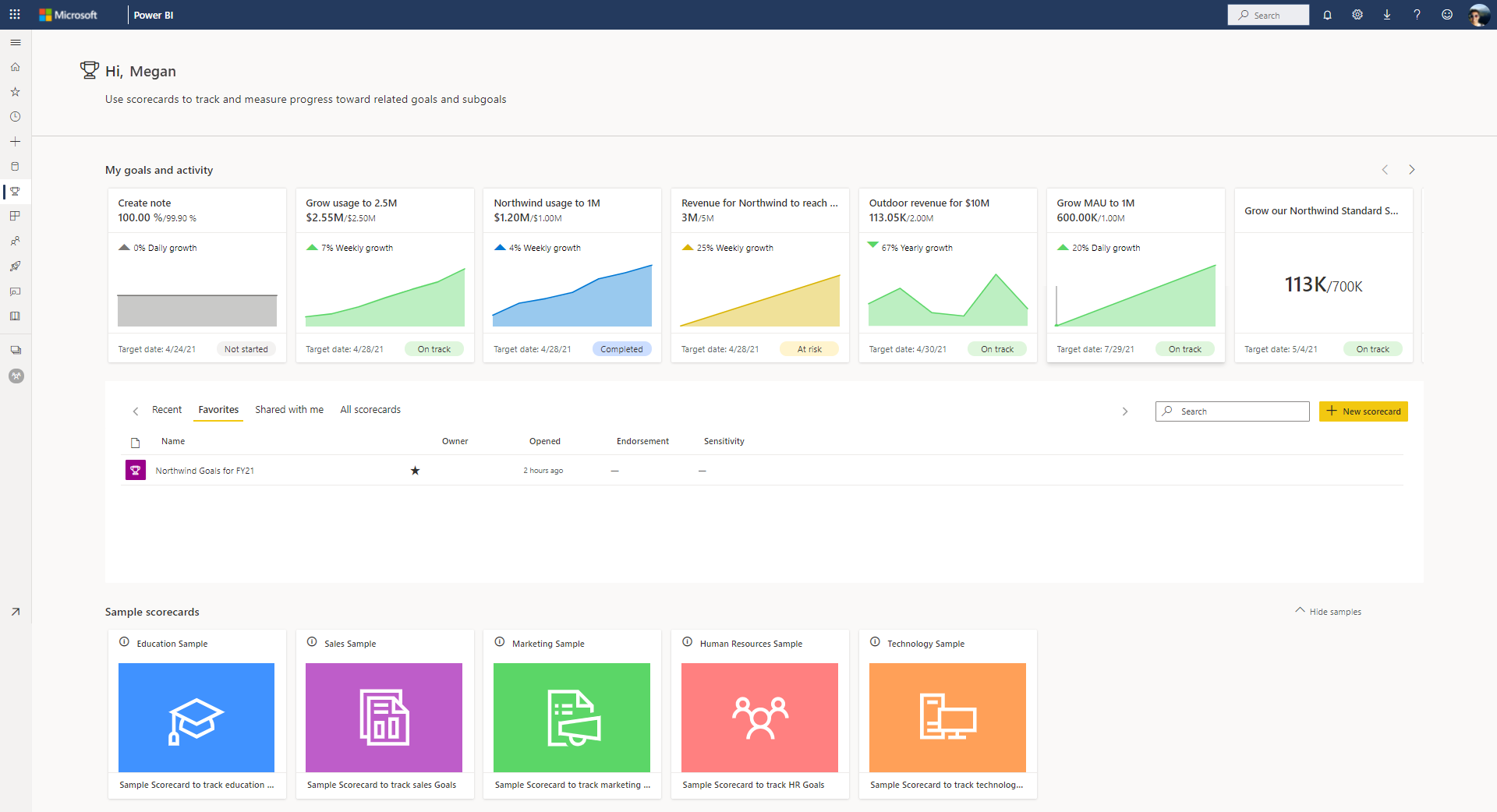 Screenshot of goals page with goals, scorecards, and samples.