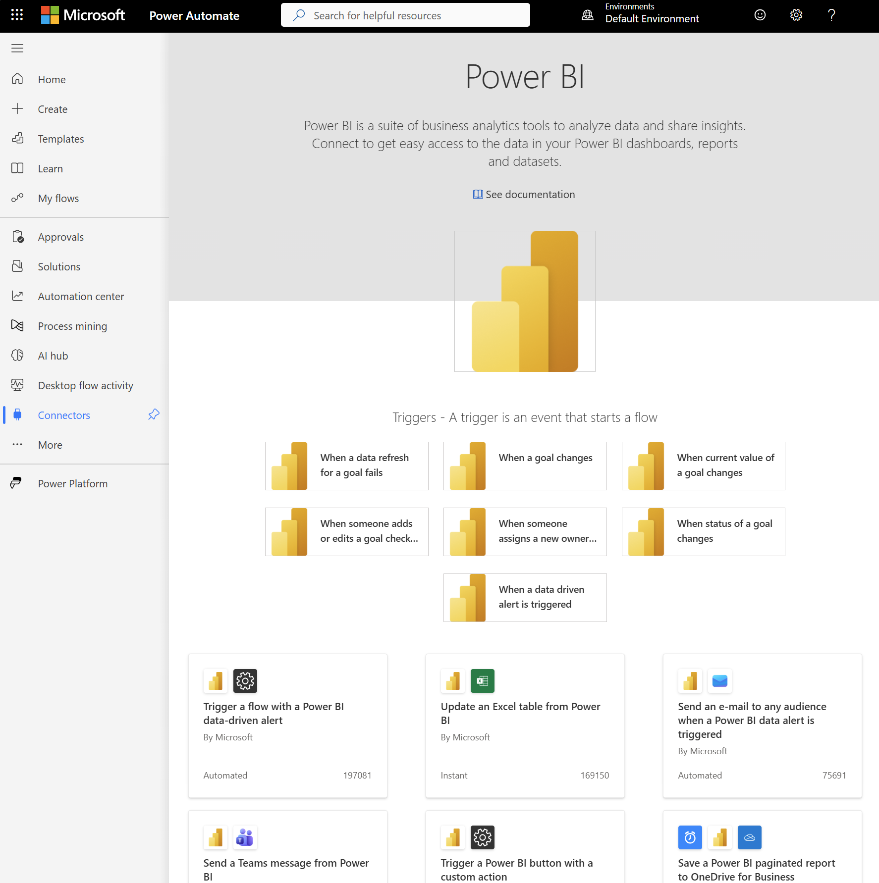 Снимок экрана страницы соединителя Power BI в Power Automate.