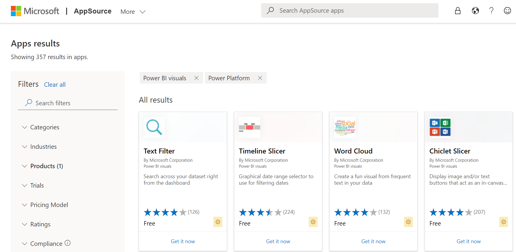 Снимок экрана визуальных элементов Power BI в AppSource.