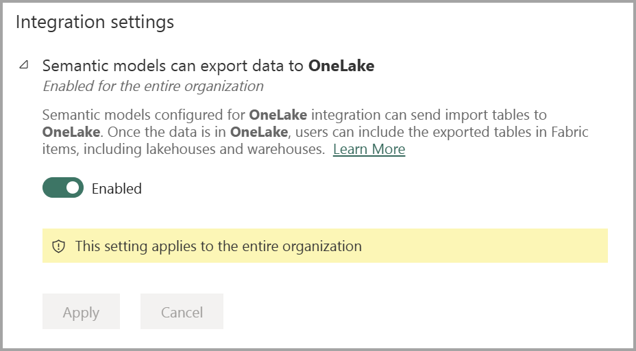 Снимок экрана: параметр портала администрирования, позволяющий экспортировать семантические модели в onelake.
