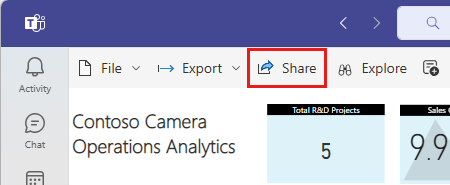 Снимок экрана: отчет Power BI в собрании Teams с выделенной кнопкой 