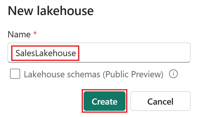 Снимок экрана: поле ввода имени Lakehouse.