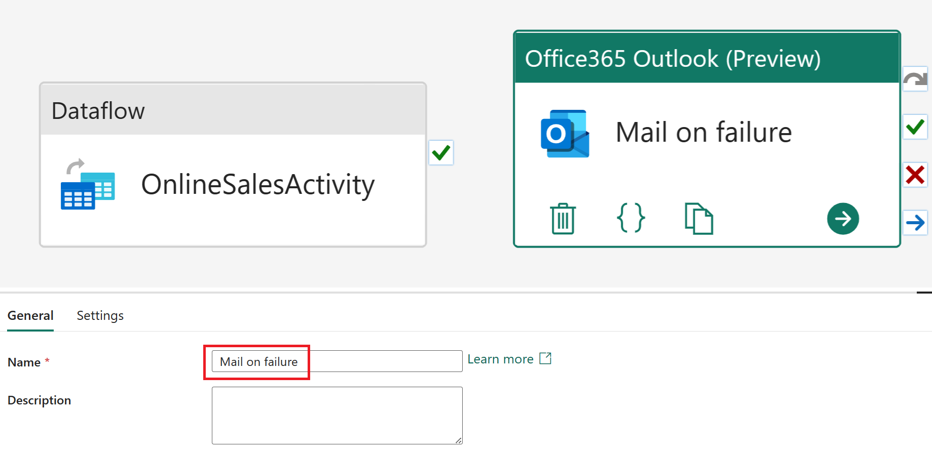 Снимок экрана: процесс именования действия в Outlook в Office365.