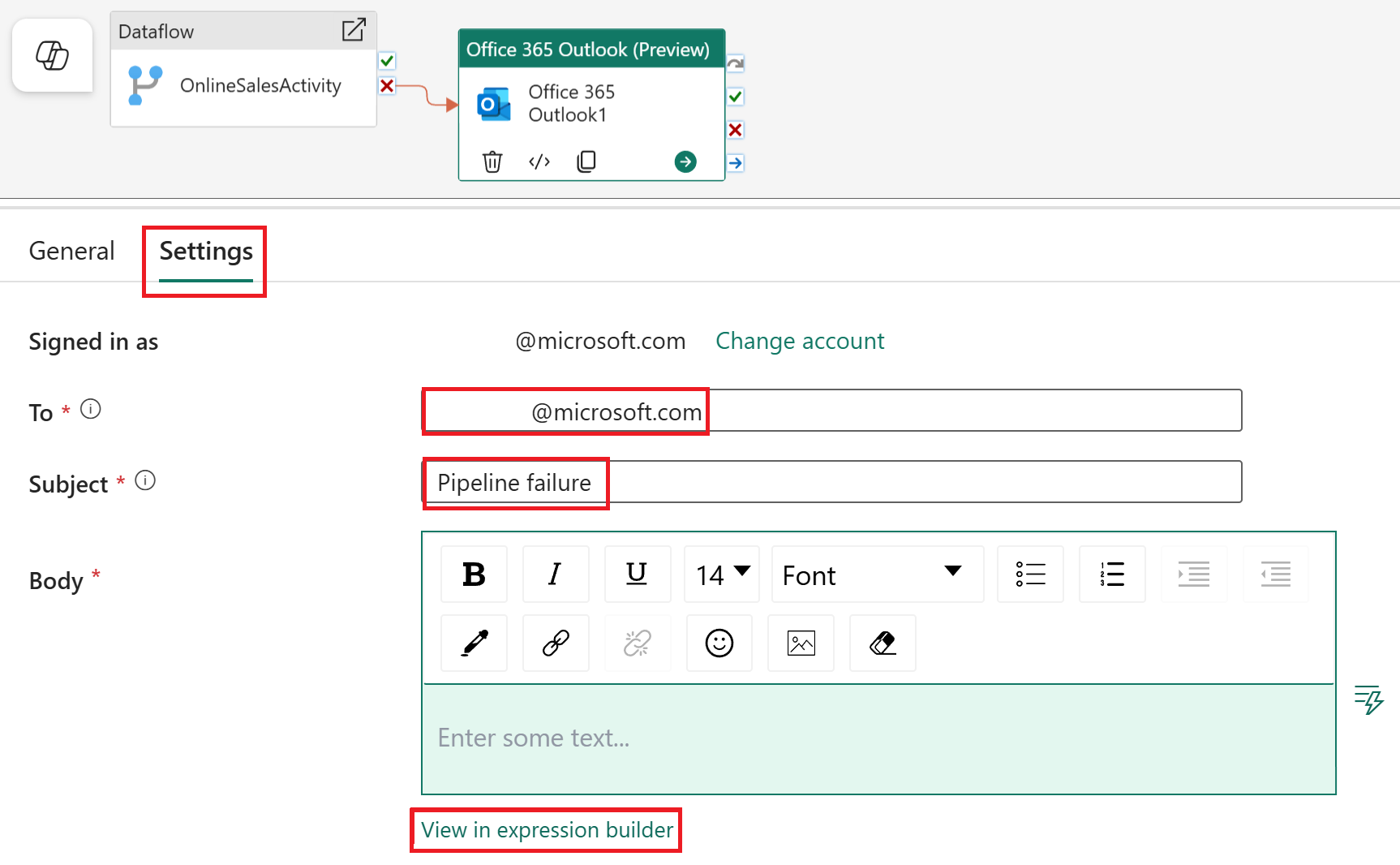 Снимок экрана: параметры действий Office365 Outlook.