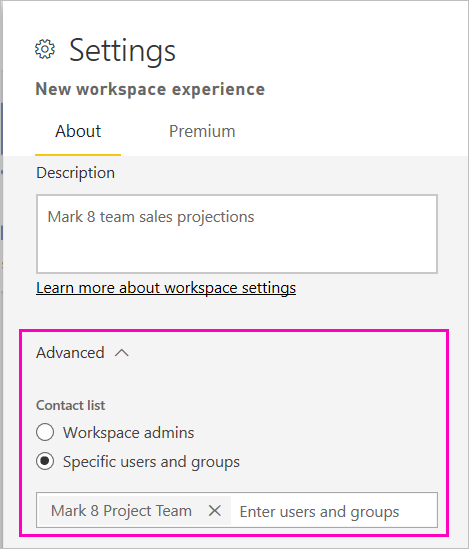 Снимок экрана: конфигурация списка контактов с контактами рабочей области.