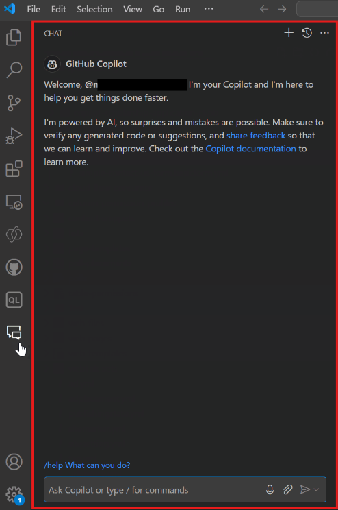 Снимок экрана функции чата GitHub Copilot в Visual Studio Code.