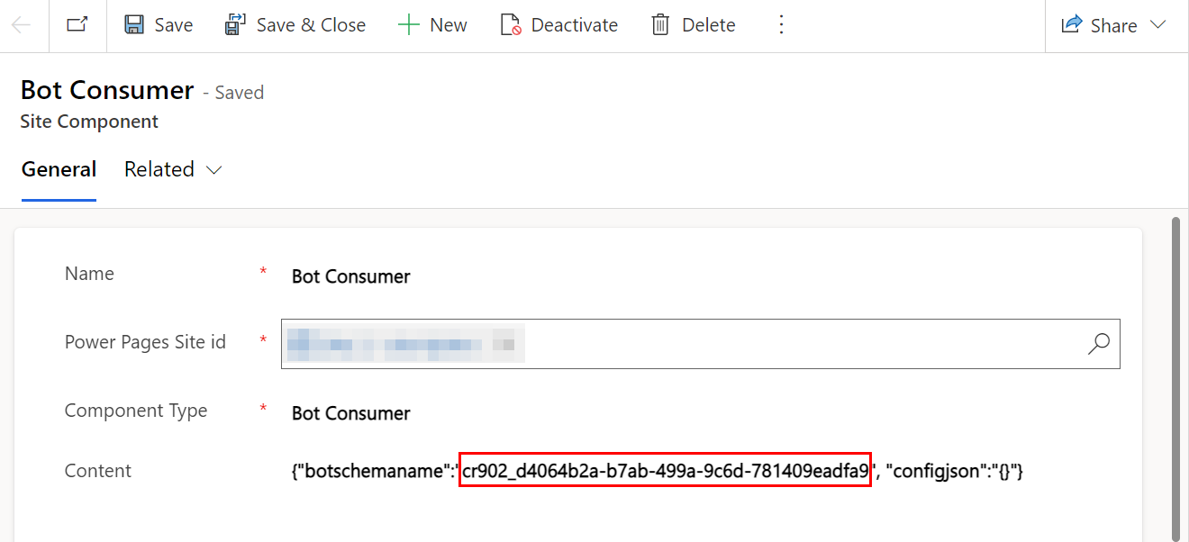 Снимок экрана общих настроек Bot Consumer с выделенным значением JSON **botschemaname**.