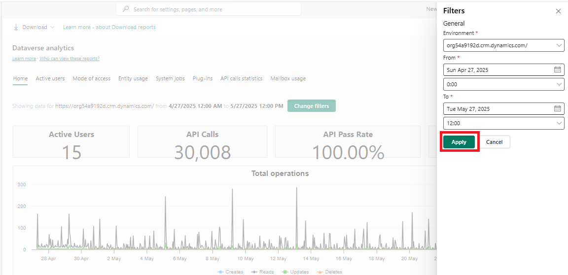 Показывает панель фильтров, появляющуюся при нажатии кнопки «Изменить фильтры» на странице Dataverse аналитики.
