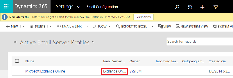 Параметры электронной почты, активный профиль сервера электронной почты — Exchange Online