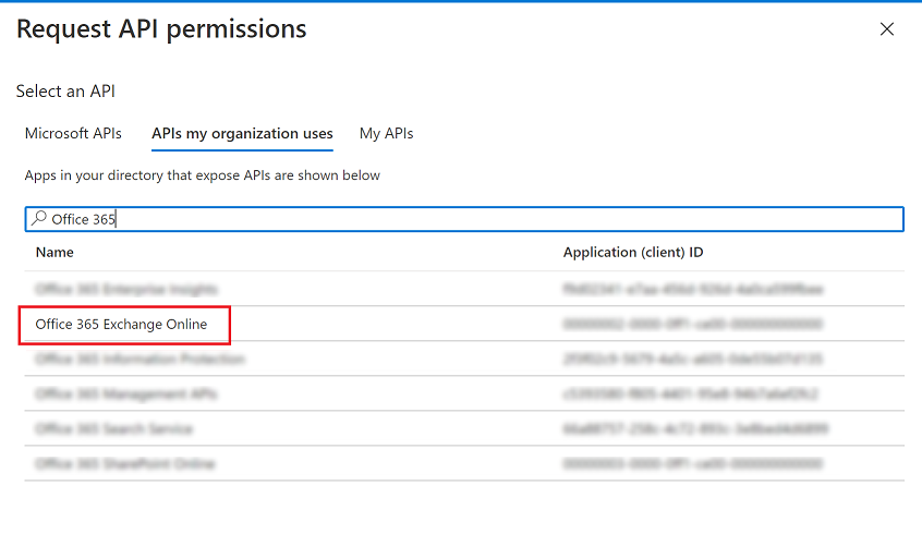 Снимок экрана: API Office 365 Exchange Online.