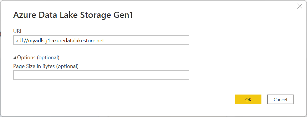 Снимок экрана: диалоговое окно Azure Data Lake Storage 1-го поколения с введенным URL-адресом.