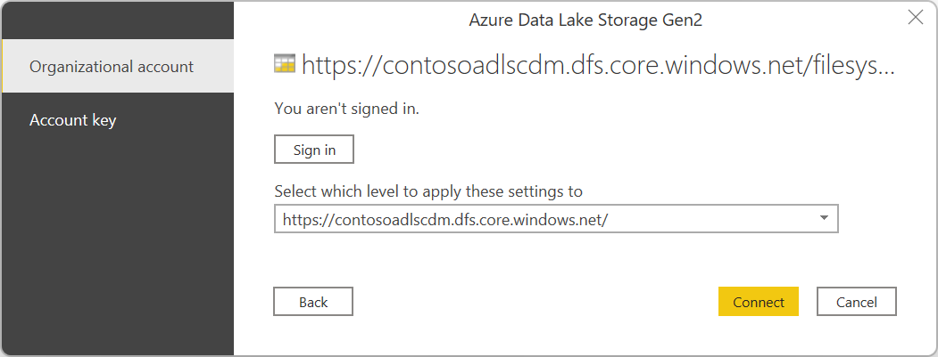 Снимок экрана: диалоговое окно входа для Azure Data Lake Storage 2-го поколения с выбранной учетной записью организации и готовой к входу.