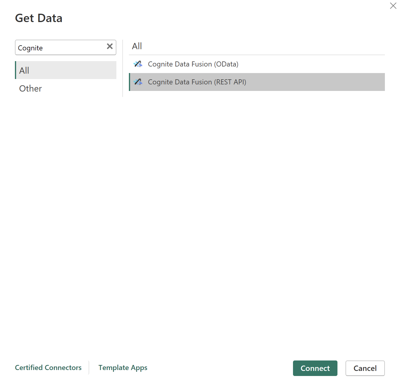 снимок экрана, показывающий, как найти соединитель REST API CDF в Power BI.