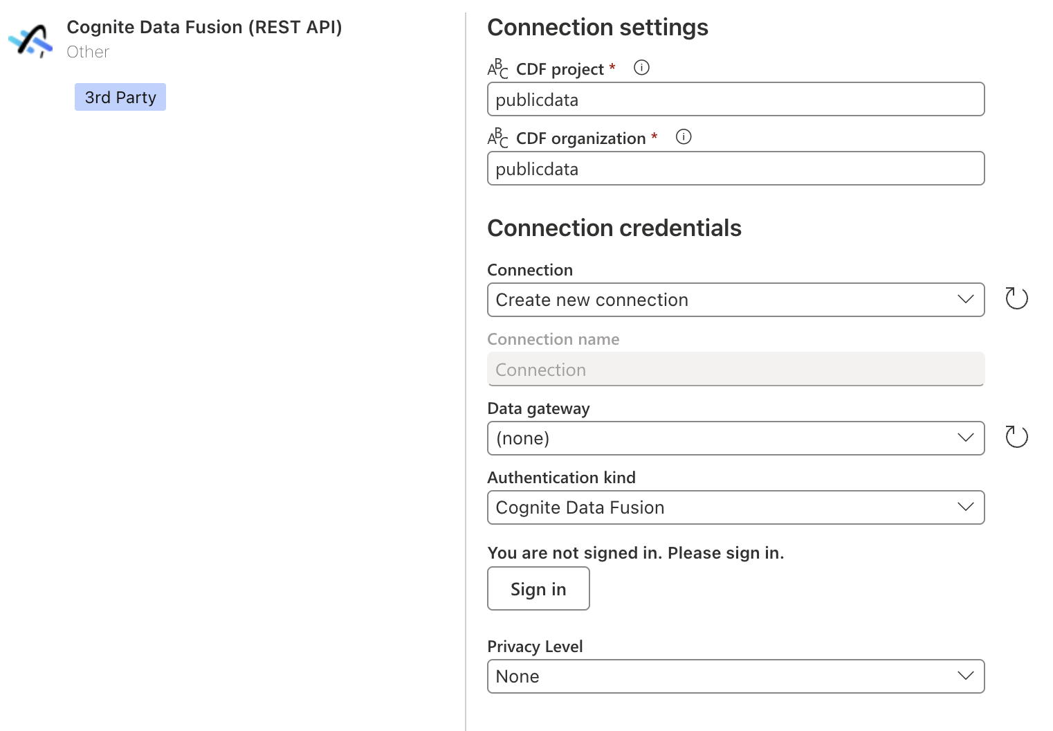 снимок экрана с учетными данными для онлайн соединения Cognite Data Fusion (REST API).