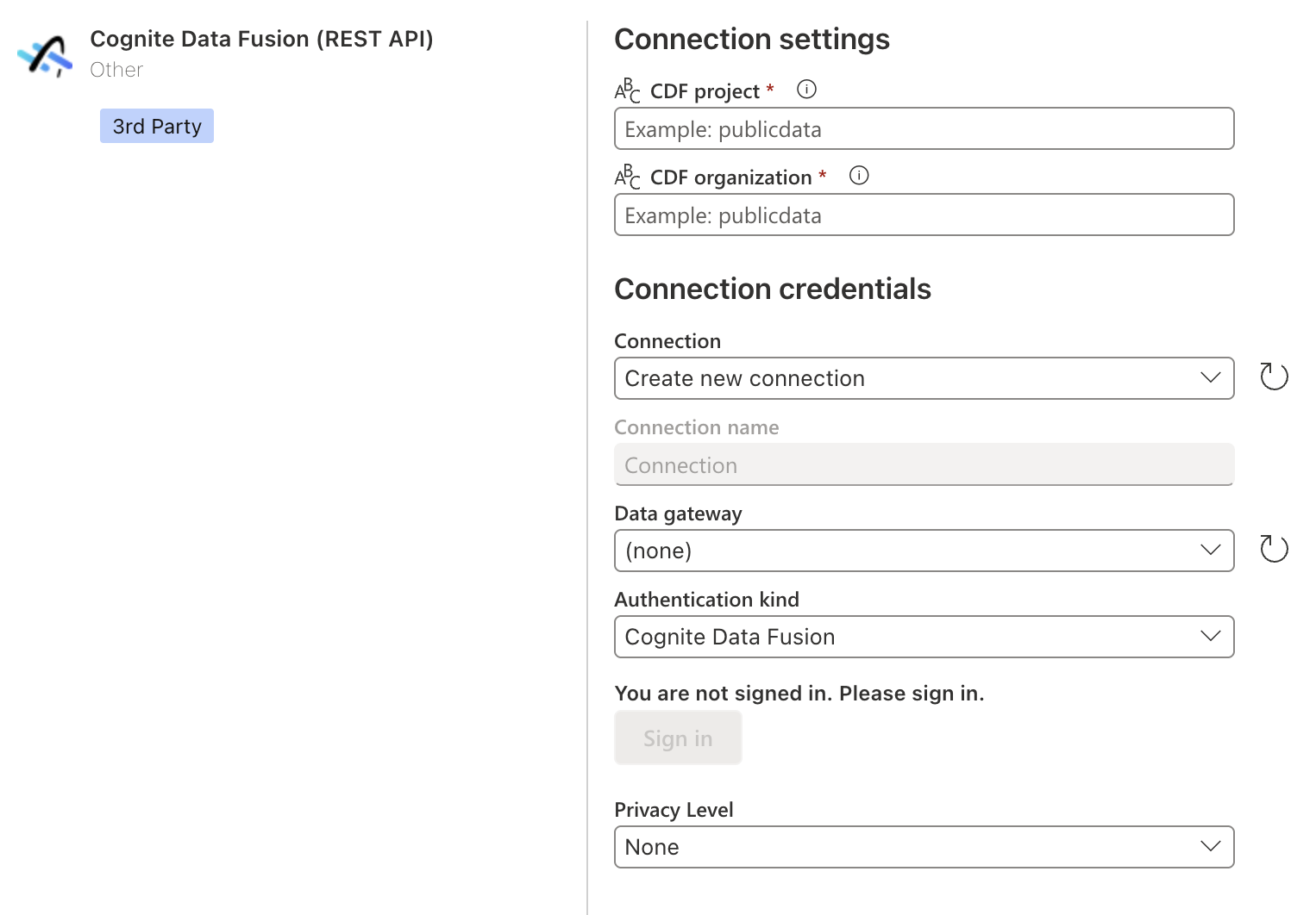 снимок экрана с параметрами подключения к интернет-подключению Cognite Data Fusion (REST API).