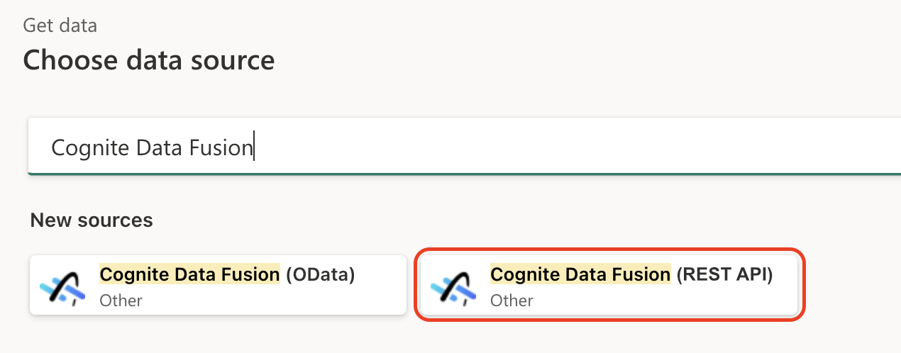 снимок экрана: окно получения данных с выделенным элементом Cognite Data Fusion (REST API).