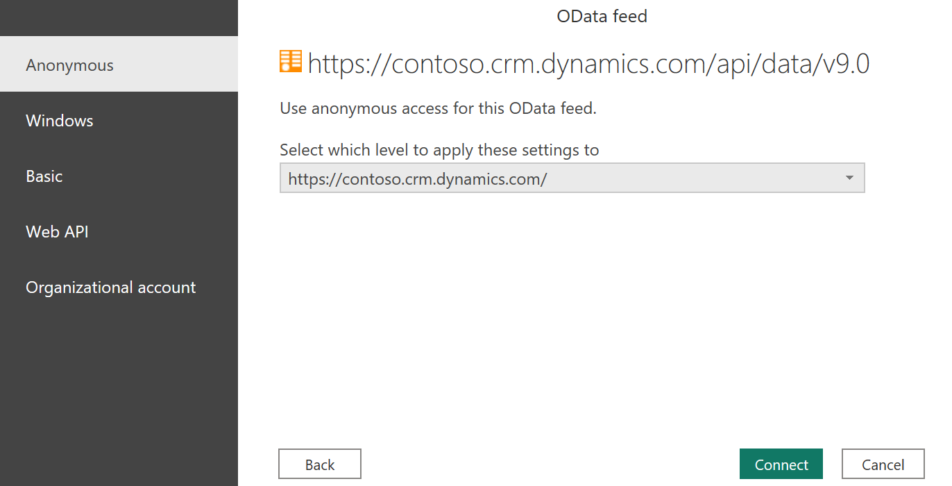 Снимок экрана: диалоговое окно анонимного доступа Dynamics 365 Online (устаревшая версия) с другими параметрами на стороне.