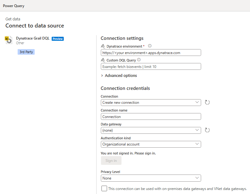 Снимок экрана: диалоговое окно входа среды в Power Query Online для клиента Dynatrace для подключения.