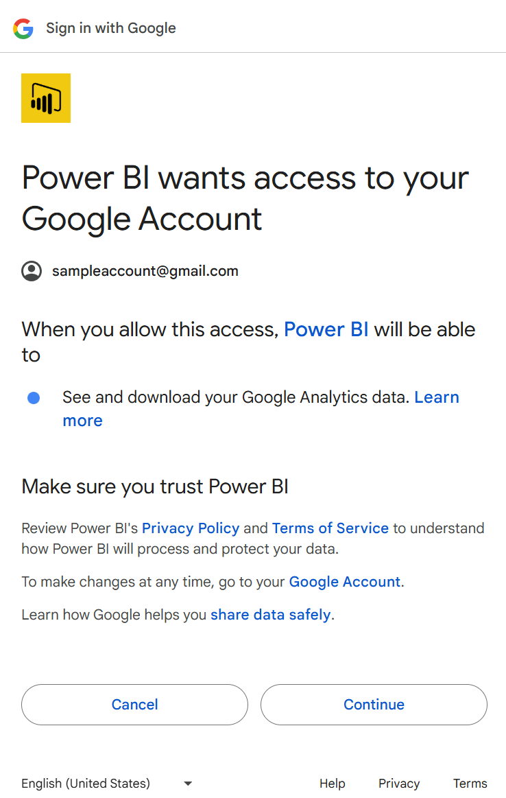 Снимок экрана, на котором вы позволяете доступ к учетной записи Google из Power Query Online.