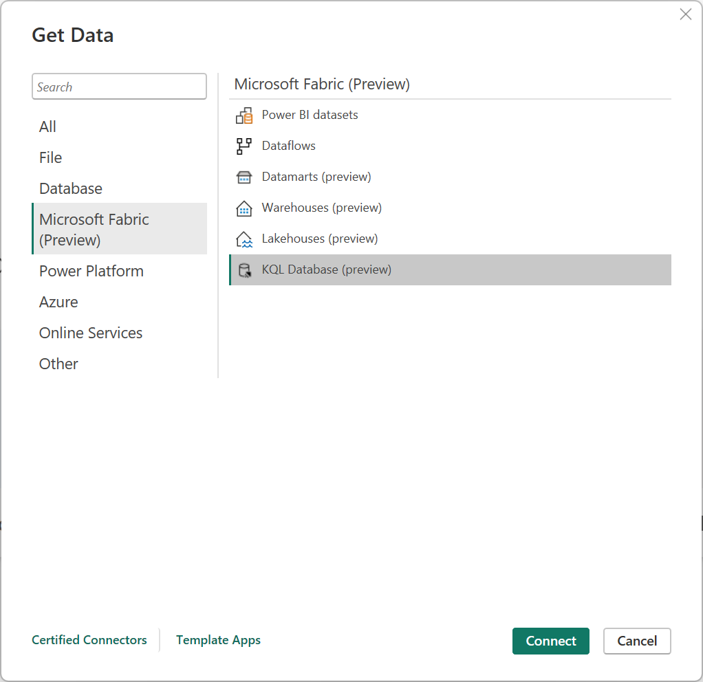 Снимок экрана страницы Get Data с выбранной категорией Microsoft Fabric (предварительная версия) и подчеркнутым KQL Desktop (предварительная версия).