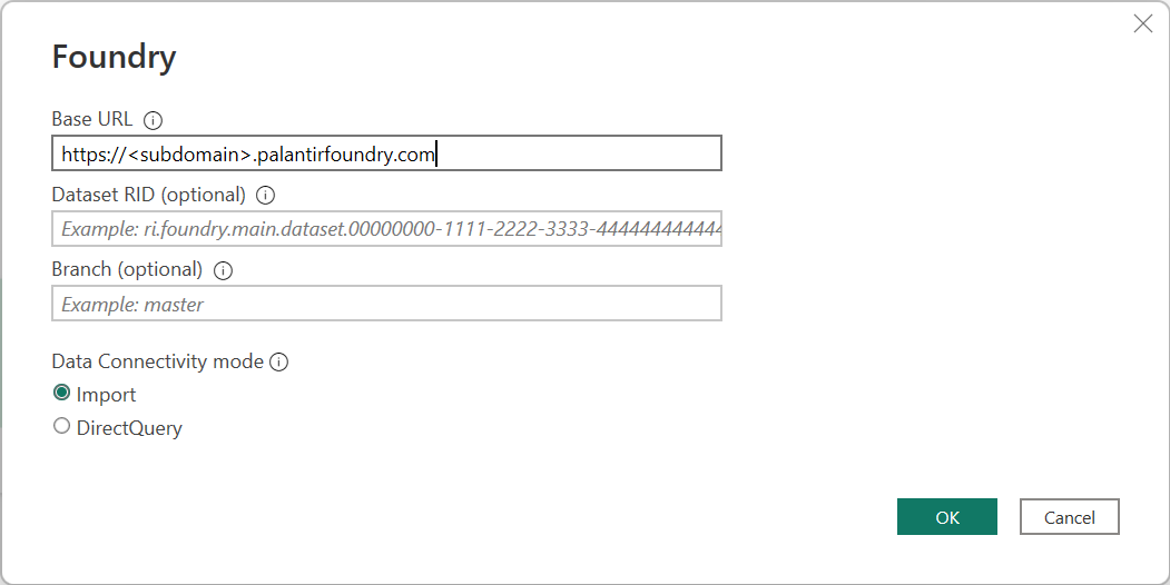 Снимок экрана настроек подключения Palantir Foundry в Power Query Desktop.