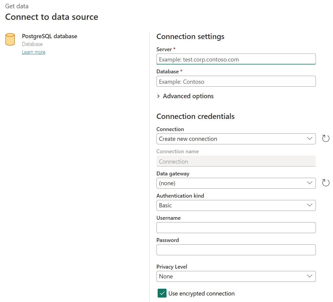 Снимок экрана построителя подключений PostgreSQL в Power Query Online.