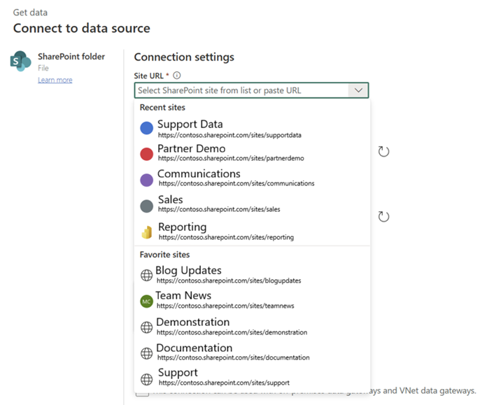 Снимок экрана выбора сайта SharePoint в средстве выбора сайтов SharePoint.