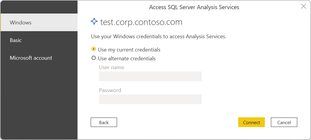 Аутентификация базы данных SQL Server Analysis Services.