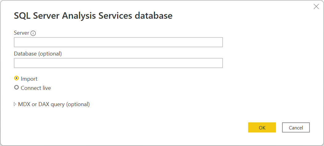 Конструктор подключений к базе данных SQL Server Analysis Services в Power Query Desktop.