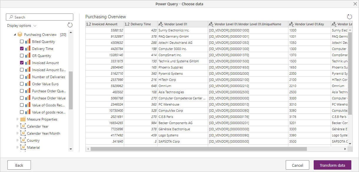 Обзор навигатора сервера сообщений SAP BW в Power Query Online.