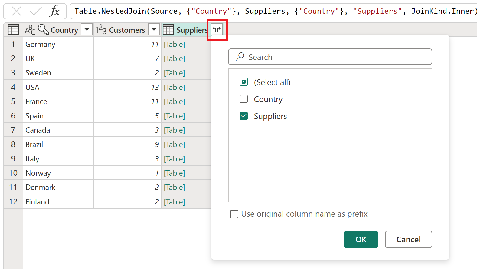 Screenshot of the Suppliers column with the Suppliers menu open and only Suppliers selected.