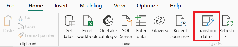 Скриншот панели Главная в Power BI с выделенной кнопкой Изменить данные.