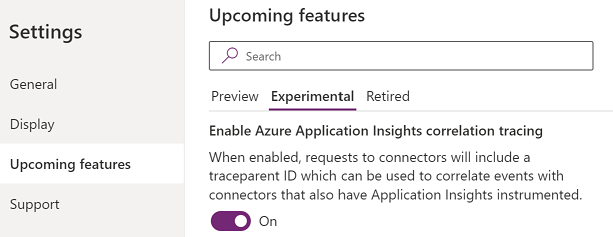 Снимок экрана параметра для включения трассировки корреляции в Azure Application Insights.