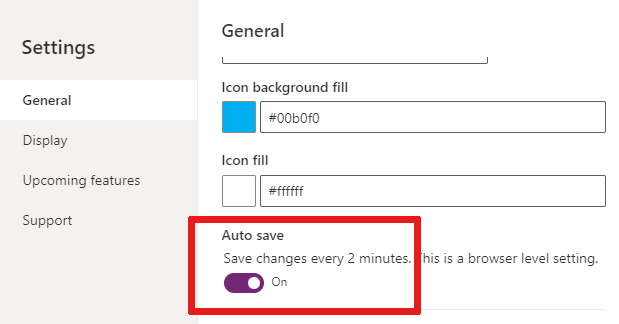 Снимок экрана местоположения переключателя автосохранения AutoSave в параметрах Power Apps.