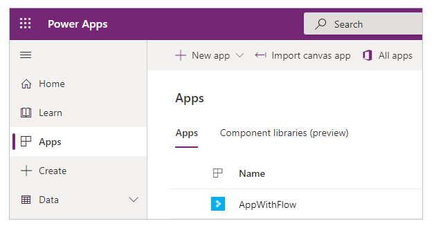 Снимок экрана, показывающий, где найти приложение «Выполнить AppWithFlow».