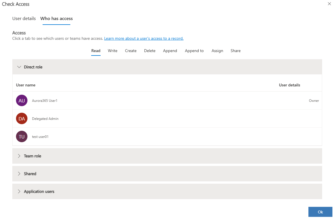 Снимок экрана, показывающий, кто имеет доступ к записи.