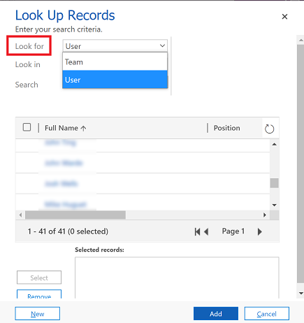 Выберите пользователя или рабочую группу из раскрывающегося меню.