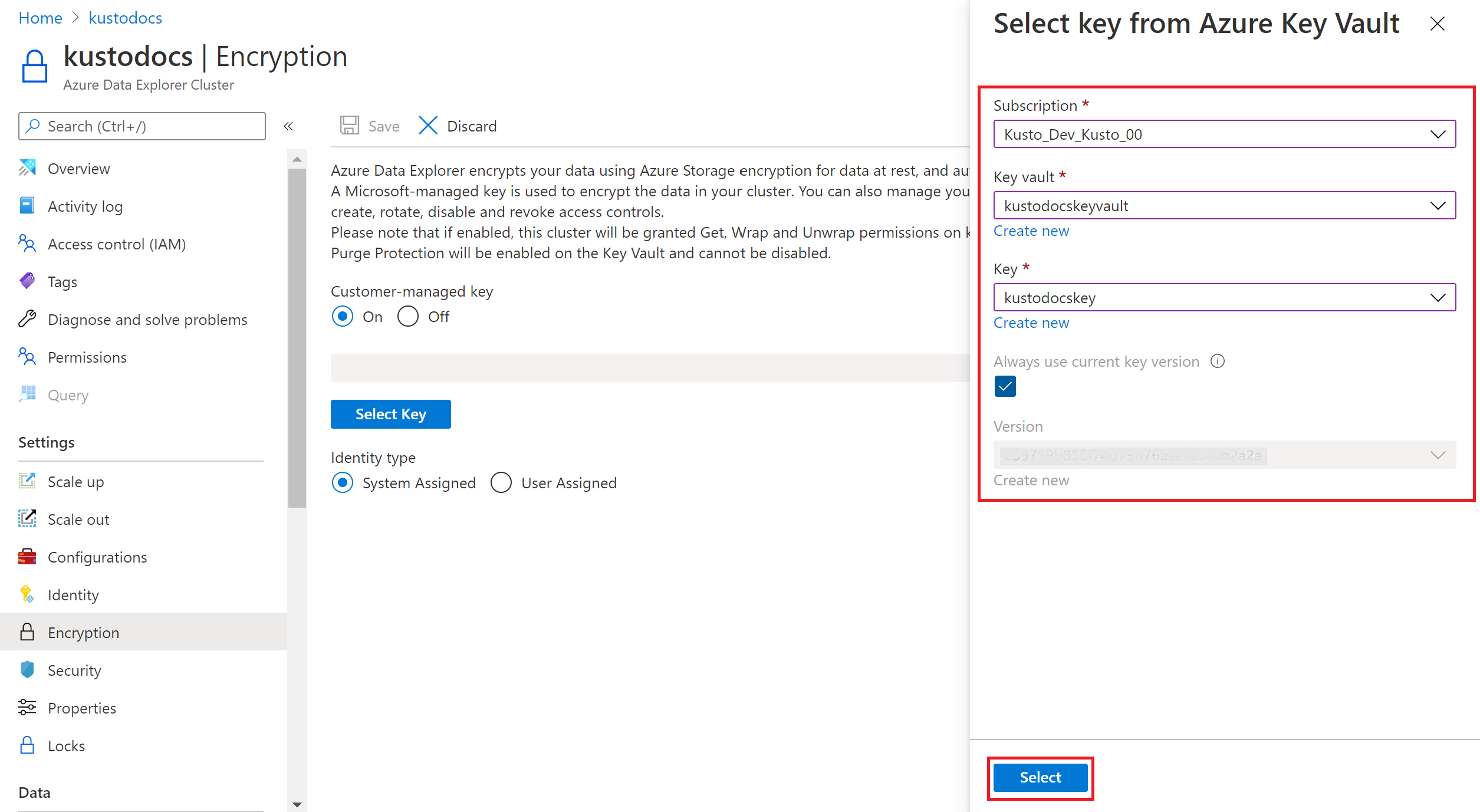 Выберите ключ из Azure Key Vault.